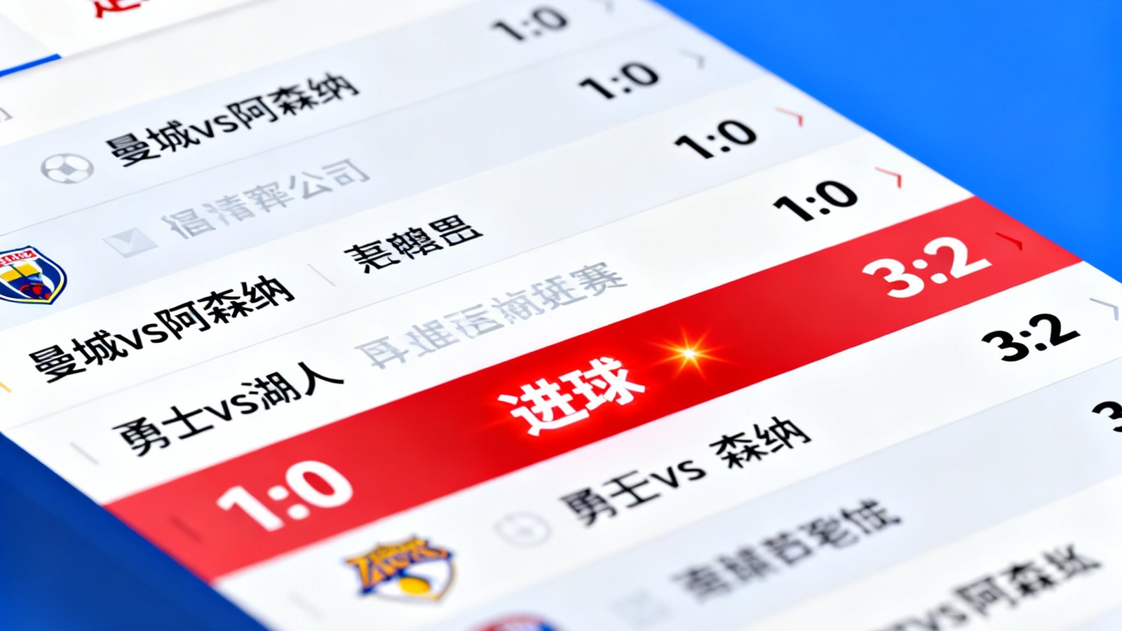 球速体育实时比分界面展示足球、篮球等多场赛事滚动更新，进球高亮闪烁